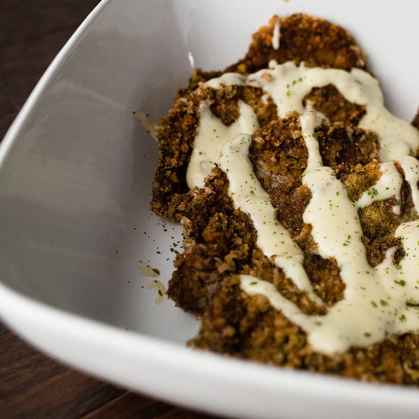 Pork Panko'd Beef Schnitzel with Parmesan Sauce